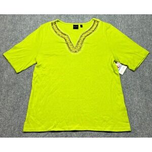 Rafaella Top Blouse Womens XL Macaw Green Cotton Split Neck Short Sleeve New